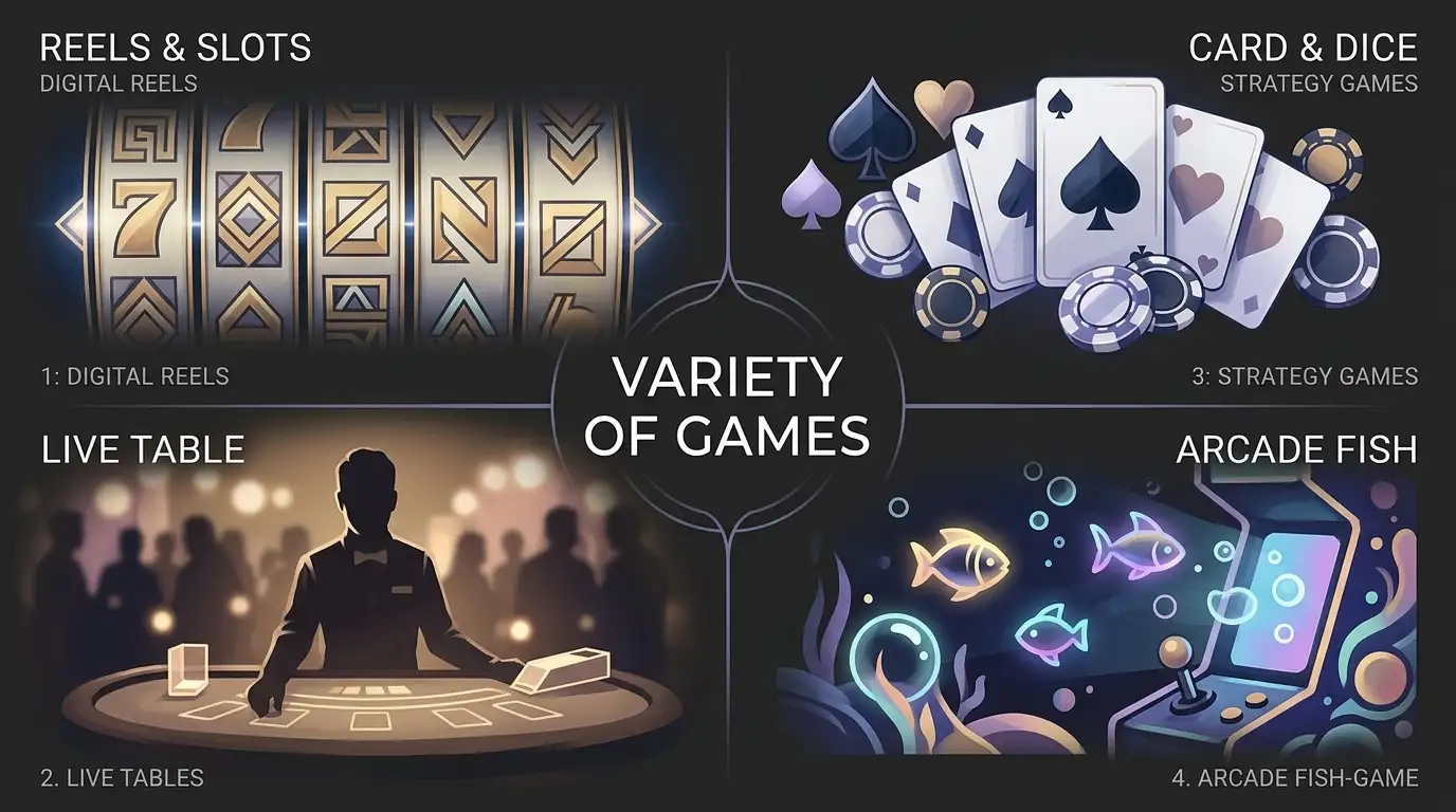 Editorial illustration representing slots, live tables and casino game categories