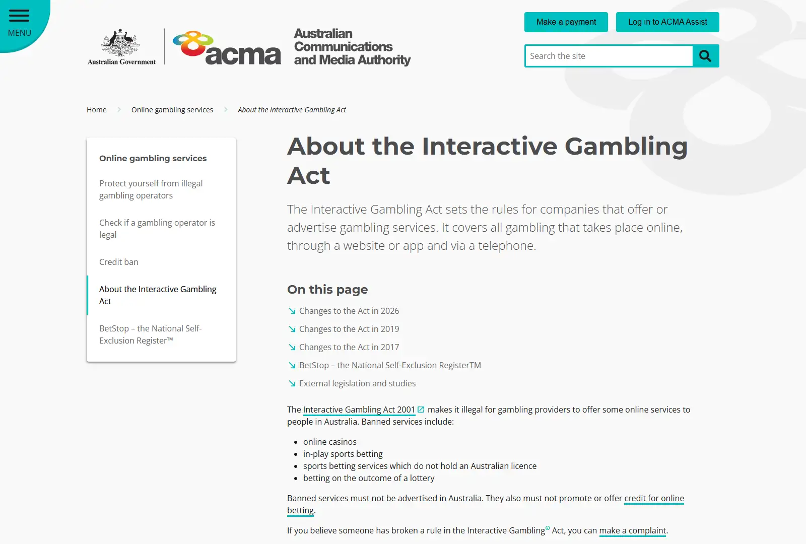 ACMA Interactive Gambling Act page listing online casinos among banned services
